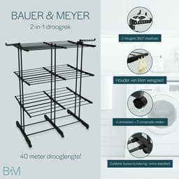 BAUER & MEYER® - Droogrek XL - Wasrek Inklapbaar - 40 Meter drooglengte - Incl. 20 wasknijpers + 1x wasmand - 170 x 134 x 65 cm - Zwart — thumbnail 2