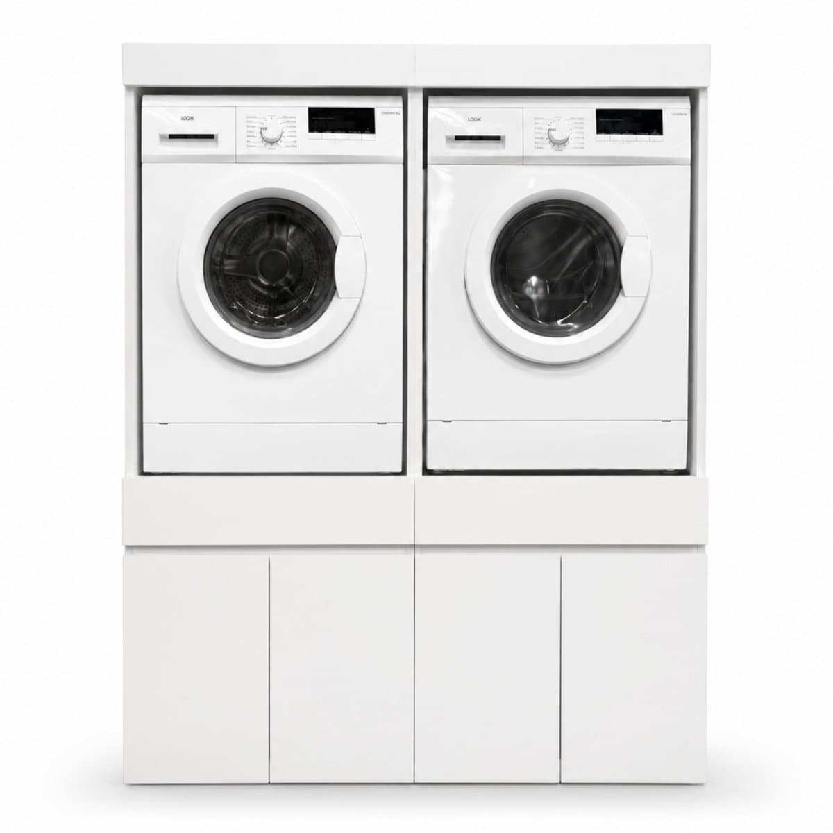 Dastium Home - Dubbele Wasmachinekast - Wasmachine Ombouw - Wasmachine Verhoger met Lade - Wasmachineverhoger met Kastjes - Wasmachine Sokkel Wit — afbeelding 1