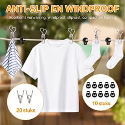 Kaiyaya - 1 stuk Waslijn - 10 meter Uittrekbare waslijn - Beige Oprolbaar - Met wasknijpers en opbergtas - Voor camping, balkon en binnen — thumbnail 2