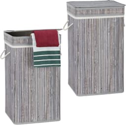2x wasmand bamboe - wasbox opvouwbaar - 70L - vierkant - 63x36x36 cm - grijs — thumbnail 3