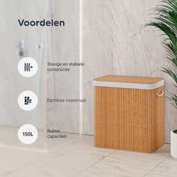 Organess wasmand 2 vakken - Wassorteerder - Wasmand met deksel - Opvouwbaar - 100L - Bamboe — thumbnail 4