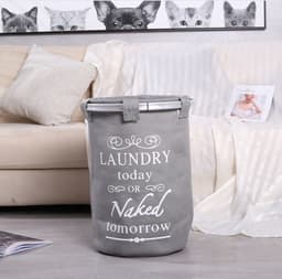 Ronde Wasmand met deksel - 50 L- Tekst LAUNDRY TODAY OR NAKED TOMORROW - Badkamer wasmand afsluitbaar - Waszak - Grijs — thumbnail 1