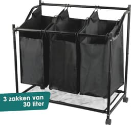 Wellewares - Wasmand 3 Vakken Uitneembaar - Wasbox 90 Liter - Wassorteerder op Wielen - Zwart — thumbnail 1