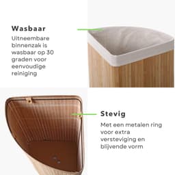 Bamboe Wasmand Hoekmodel - Wassorteerder met Waszak - 72L Opvouwbaar - Naturel met Deksel - Inclusief EBOOK — thumbnail 4
