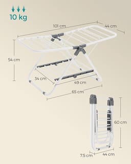 Roll over image to zoom in SONGMICS Tumble Dryer, Foldable Floor DryeSONGMICS Droger, Opvouwbare Vloerdroger met 2 Vleugels, Ruimtebesparend Metaal voor Kleine Kleding, Handdoeken, Badkamer, Balkon, 44 x 101 x 54 cm, Witte Wolk LLR504W01 — thumbnail 3