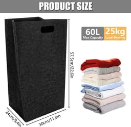 Dailygoods- Wasmand 60 Liter - Opvouwbare Wasverzamelaar - Smalle Wasmand - Vilten Wasmand - Zwart - Geschikt voor Slaapkamer/Badkamer — thumbnail 4