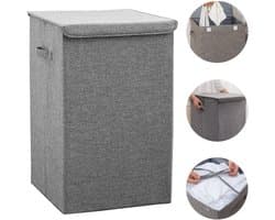 Wasmand met dubbel compartiment – ​​100 liter – Wasmand met deksel – Uitneembare waszak – Opvouwbare opbergmand – Kledingrek – Verdikt katoenlinnen – 40*40*63 cm – Grijs