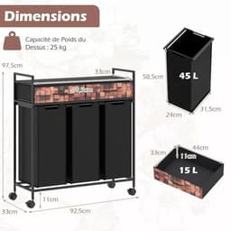 Dailygoods 3-delige wasmand op wielen, 135L wasmand met 2 stoffen laden, 3 uitneembare Oxford-stoffen zakken, rustiek br — thumbnail 4