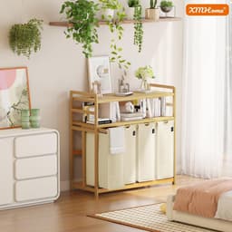 Wasmand met 4 Vakken - Kleding Sorteerder - Kleding Opbergen - Dubbel Bamboe Legbord - 198 Liter - Beige — thumbnail 2