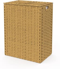 Wasmand Dubbel - Kledingmand Sorteren - Kleding Opbergen - Rotanlook Met Plank - 45x30x60 cm - Beige — thumbnail 1