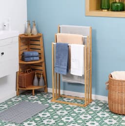 MEUNIQ staand handdoekrek met 3 stangen van bamboe 48 x 25,8 x 94 cm vrijstaand droogrek voor badkamer of wasruimte naturel — thumbnail 1