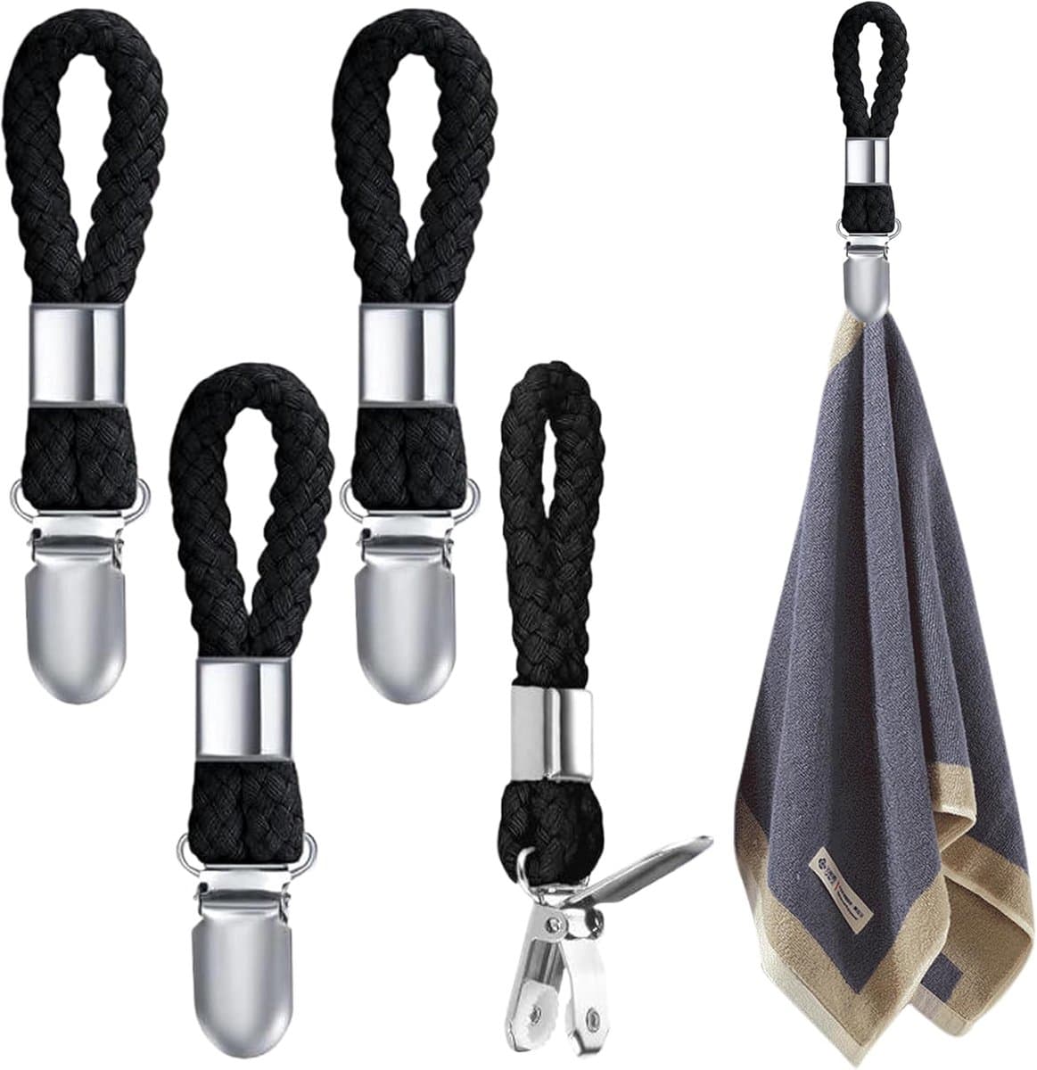 SnelShoppen - 4 Pack Zwarte Handdoek Clips - Handdoek Hangers voor Badkamer - Geen Naaien Nodig - Ideaal voor Thuis, Camping en Feestjes - 13x2.5 cm — afbeelding 1