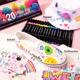 20 textielstiften Dual Tip - wasmachinebestendig en permanent voor T-shirts, stoffen tassen, schoenen en meer - niet giftig, ideaal voor kinderen en volwassenen — thumbnail 4