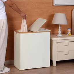 Wasmand met 2 vakken, met deksel, 140 liter, wasverzamelaar met kunststof frame, opvouwbare grote wassorteerder, wasmand voor slaapkamer, badkamer, beige — thumbnail 4