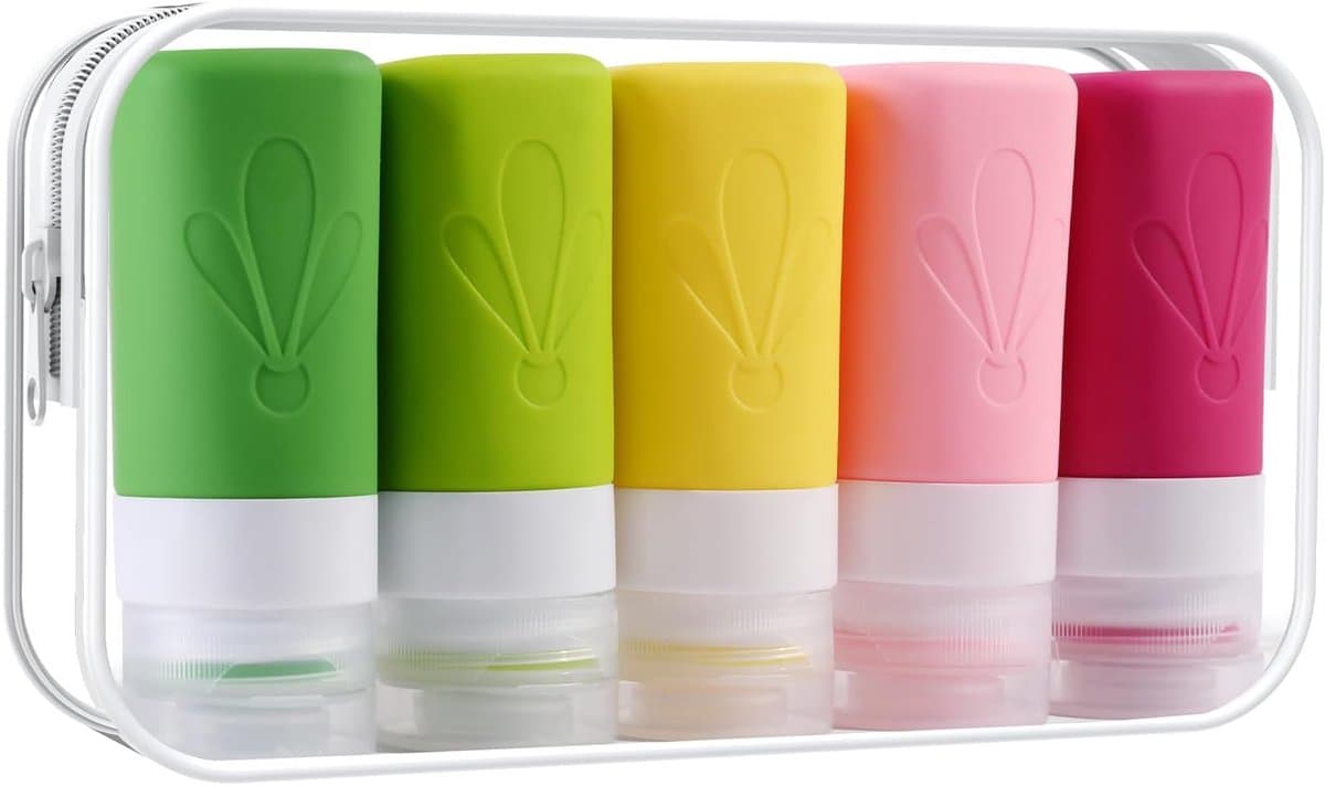 Set van 5 siliconen reisflessen, FDA-toegelaten 60 ml reisformaat, BPA-vrij, lekvrije, knijpbare siliconen slangen voor shampoo, spoeling, lotion, zeep met etiketten — afbeelding 1