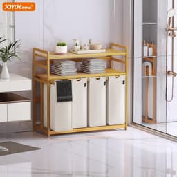 198 liter wasverzamelaar, 4 vakken, wasmand met dubbele plank | bamboe wasbox met uitneembare waszakken, ruimtebesparend voor badkamer, slaapkamer, waskeuken, grijs — thumbnail 2