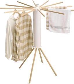 Opvouwbaar wasrek, 4 poten, 12 houten stangen, staande droger | Stabiel droogrek met 4 poten met 12 houten stangen, inklapbaar en ruimtebesparend, voor balkon, woning en slaapkamer — thumbnail 1