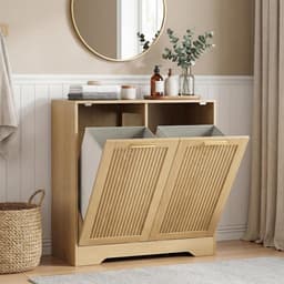 Dubbele kantelbare wasmand, verborgen waskast met dubbele manden, natuurlijke vuilnisemmer met kleine geribbelde deuren voor badkamer, keuken — thumbnail 5
