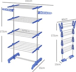 Droogtoren Mobiel – 142 x 55 x 172 cm – Inklapbaar – Roestvrij Staal – Blauw – Met 6 Wielen – Verstelbare Hoogte — thumbnail 4