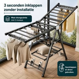 DPLUNIQ Kledingrek - Wasrek - Droogrek - Droogtoren - 3 Lagen - Opvouwbaar - Met Wielen - 160x46x102,5cm - IJzer - Zwart — thumbnail 5