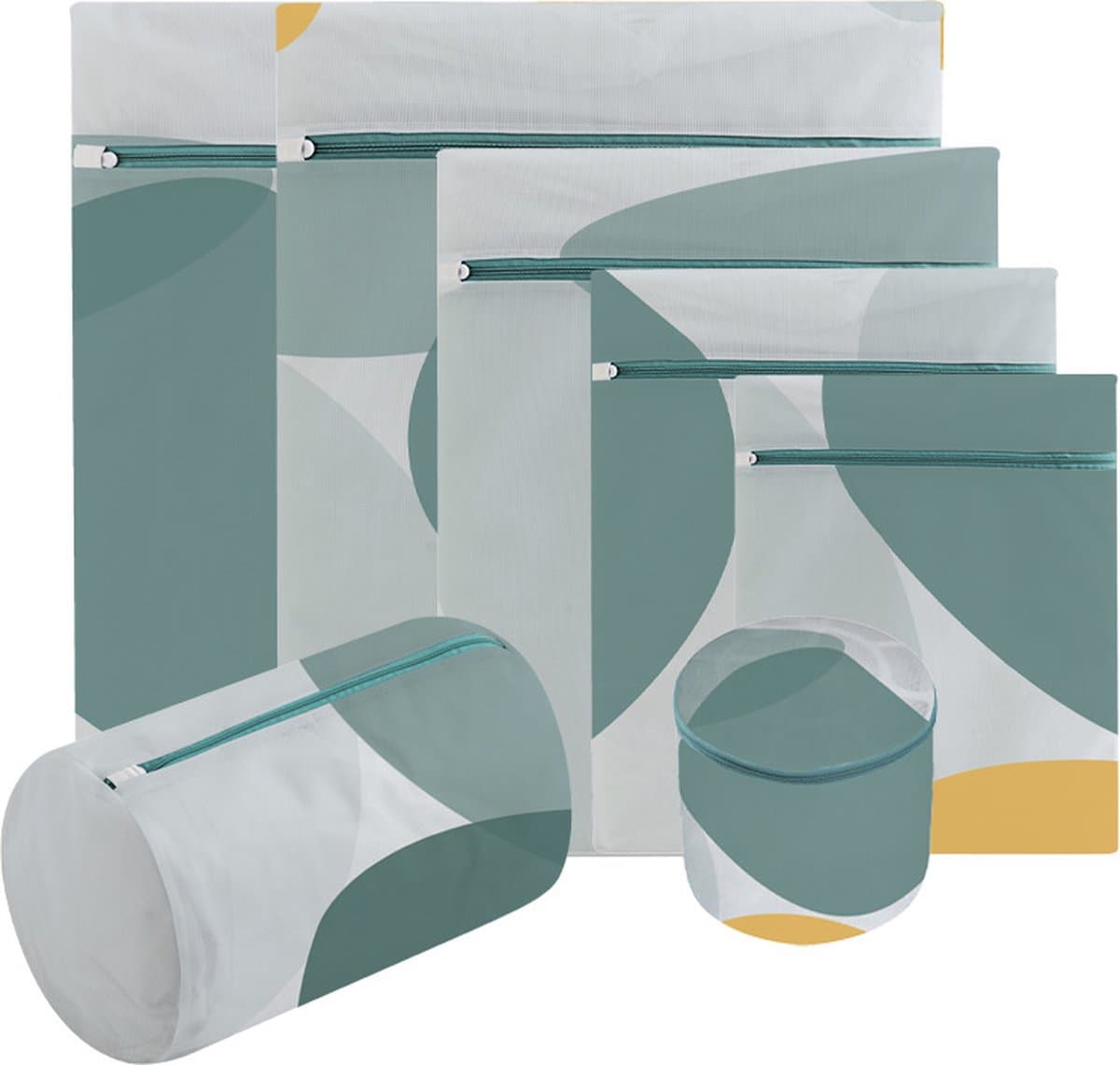 Waszakken - 7-pack waszakken met rits - Mesh waszakken voor wasmachines - Fijne mesh en grote mesh herbruikbare waszakken - voor delicate shirts, sokken, ondergoed, bh's, lingerie, babykleding - 70g fijnmazig - geometrisch groen — afbeelding 1