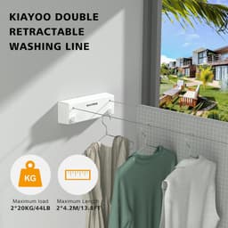 Dubbele Uittrekbare Waslijn - Muurbevestigde Kledinglijn - Binnen Buiten - Zware - Roestvrij Staal - Uittrekbare Lijn - 2 * 42m - Appartement Hotel - Dorm Balkon - Wasruimte Badkamer - Wit — thumbnail 4