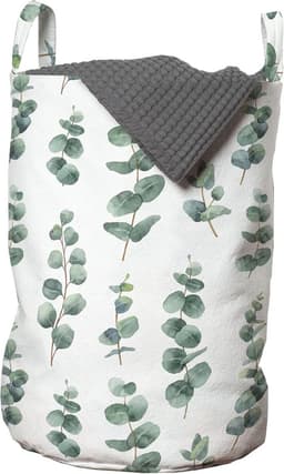 Eucalyptus waszak, aquarel zoals bladeren, wasmand met handgrepen trekkoordsluiting voor wassalons, 33 cm breed x 49 cm hoog, lauriergroen — thumbnail 1