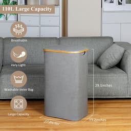 Extra grote 110 liter XL wasmand met deksel en handvat - hoge wasmand met binnenzak voor vuile kleding, speelgoed, handdoeken - grijs — thumbnail 4