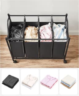 MIRA Home - Wasmand op wielen - Wassorteerder met 4 Compartimenten - Zwart - Metaal/Stof - 38,5x87,5x81 — thumbnail 4