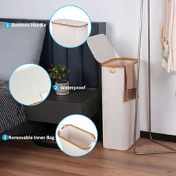 Smal Beige Wasmand met Deksel - 63 Liter - Opvouwbaar - Bamboegrepen — thumbnail 5