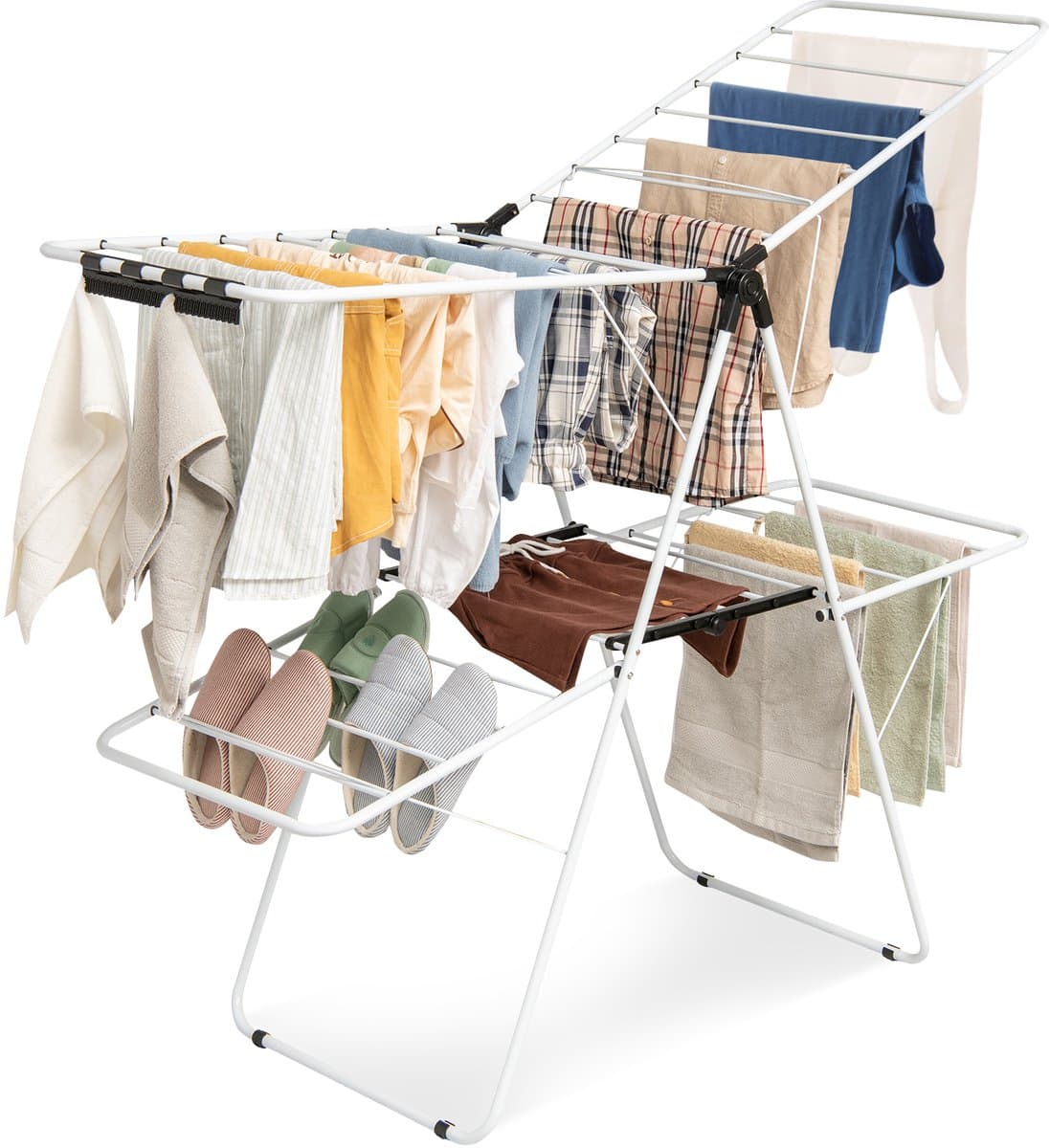 COSTWAY Opvouwbaar wasrek 2-traps, wasdroger met in hoogte verstelbare vleugels en antislip voeten, vleugeldroogrek, stalen frame, vleugelwasrek, staand droogrek, wit — afbeelding 1