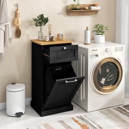 COSTWAY Waskast met wasmand, wasverzamelaar met lade, tafelblad van bamboe, badkamerkast, badkamerkast voor badkamer, bijkeuken, 40 x 37 x 82 cm (zwart) — thumbnail 3