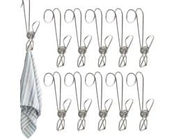 Set van 10 - Lange staarthaak - 9 cm lang - Badkamer - Handdoekhaak - Haak - Keukenhaakframe - Metalen clip - Metalen wasknijper - Zakclip - Deur of balkon - Multifunctionele stoffen clip - Zilver - Roestvrijstalen wasknijper - Metalen wasknijpers