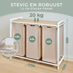 Blumtal Wasmand met 3 vakken - Wasmand met bamboe plank - Metalen frame - Wasmand met poten - Wit en creme — thumbnail 2