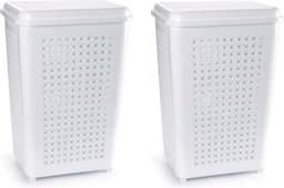 Wasmand met deksel - 2x stuks - 50 liter - wit - kunststof - 41 x 31 x 61 cm - grote wasmanden — thumbnail 1