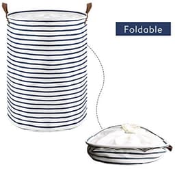 Opvouwbare wasmand met deksel - Blauwe strepen - Groot formaat met leren handvat — thumbnail 2