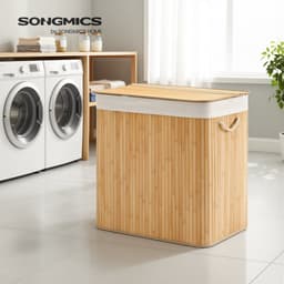 SONGMICS - Wasmand - Wassorteerder - 3 Vakken - 150L Opvouwbare Bamboe Wasbox - Uitneembare Waszak — thumbnail 3