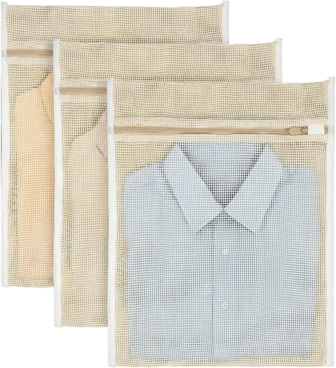 3 Stuks Katoenen Waszakken, Duurzame Mesh Tas met Rits voor Ondergoed, Kleding en Sokken (40x30cm) — afbeelding 1