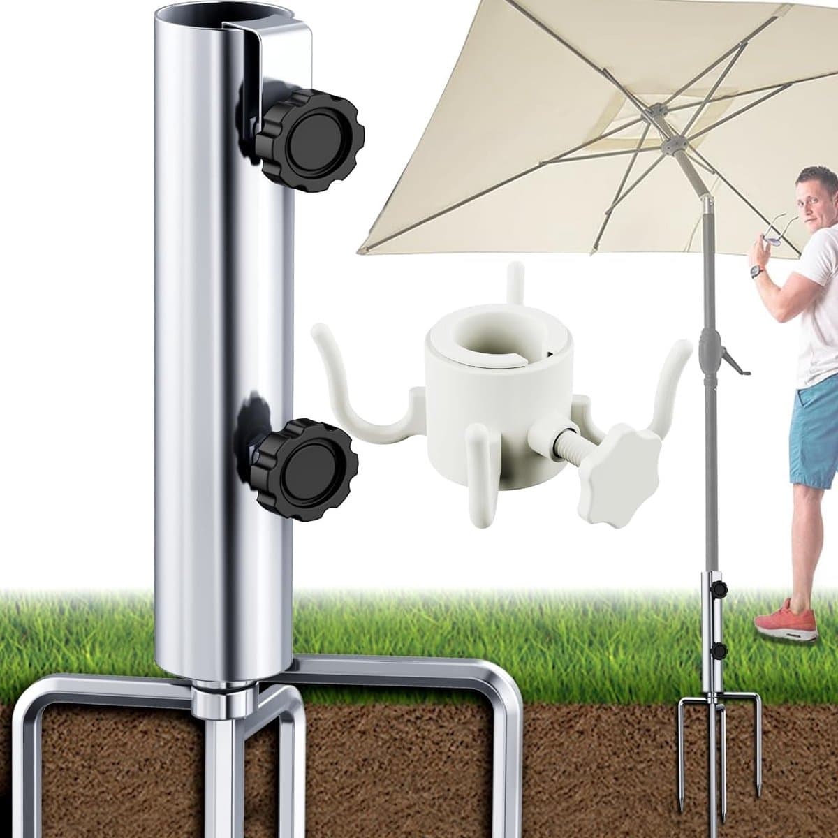 Robuuste Parasol Stand met XL Diameter, Verstelbare Grondanker en 4 Haringen voor Stabiliteit en Gebruiksgemak — afbeelding 1