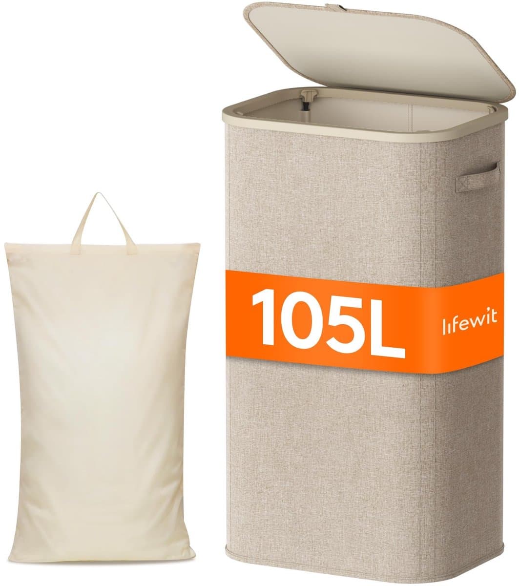 Store_8 - Wasmand - 105L - Vouwbaar en Met Deksel - Beige - Handige Opbergoplossing - Geschikt voor Badkamer en Slaapkamer - Ruimtebesparend — afbeelding 1