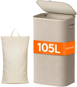 Store_8 - Wasmand - 105L - Vouwbaar en Met Deksel - Beige - Handige Opbergoplossing - Geschikt voor Badkamer en Slaapkamer - Ruimtebesparend — thumbnail 1