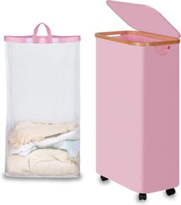 Vouwbare wasmand met wielen, 75L, roze slim ontwerp met deksel, bamboe handvatten en afneembare zak voor slaapkamer, badkamer en wasruimte — thumbnail 1