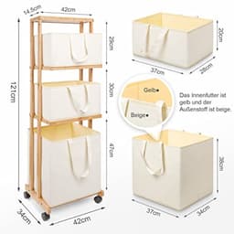 Bamboe wassorteerder met wieltjes - 3-laags wasrek met 4 opbergmanden, 121 cm hoog, 50 kg belastbaar, ruimtebesparend design voor badkamer en bijkeuken — thumbnail 5