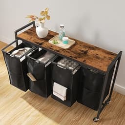 Wassorteerder met 4 afneembare zakken, plank en wielen - 4x 39,8 liter - Sorteerwasmand voor kleur en materiaal - Inklapbare waswagen met handvatten - Bruin/zwart — thumbnail 3