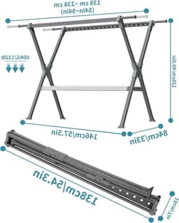 Verstelbaar droogrek van 138 tot 238 cm, groot formaat, opvouwbaar en ruimtebesparend voor binnen en buitengebruik, met 44 windbestendige gaten voor het balkon — thumbnail 3