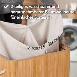 Wasmand met Deksel XL - Bamboe - 2 Vakken Was Sorter - 100L - Met Handgrepen en Wasbare Waszakken - Naturel Bruin — thumbnail 2