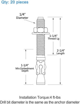 Wiganker Beton Bevestiging - Doorsteekanker Verzinkt - Zware Bevestigingen - Koppelgestuurd Uitgezette Anker - 1/4" x 2-1/4" 20 Stuks - Zink — thumbnail 5
