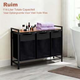 Drievoudige Wasmand 114L – 3 Wasmanden Naast Elkaar Met Metalen Frame en Opbergplank 93×33×72 cm – Wasgoed Organizer — thumbnail 4