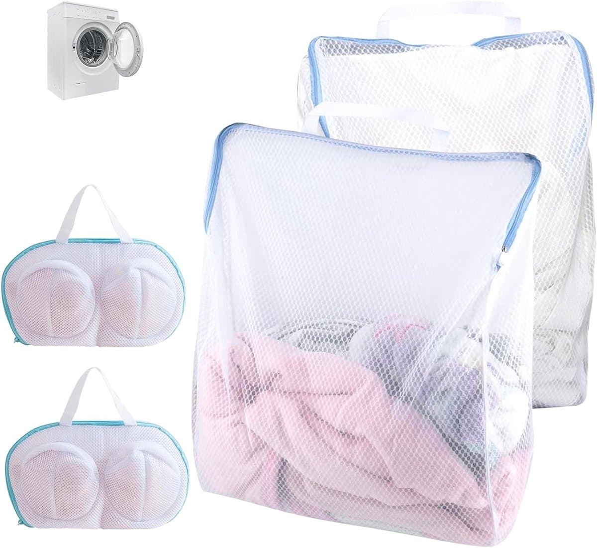 Set van 2 waszakken en 2 wasnetten voor bh's met rits, ideaal voor ondergoed, blouses en babykleding, herbruikbare en grote waszakken met handvatten — afbeelding 1