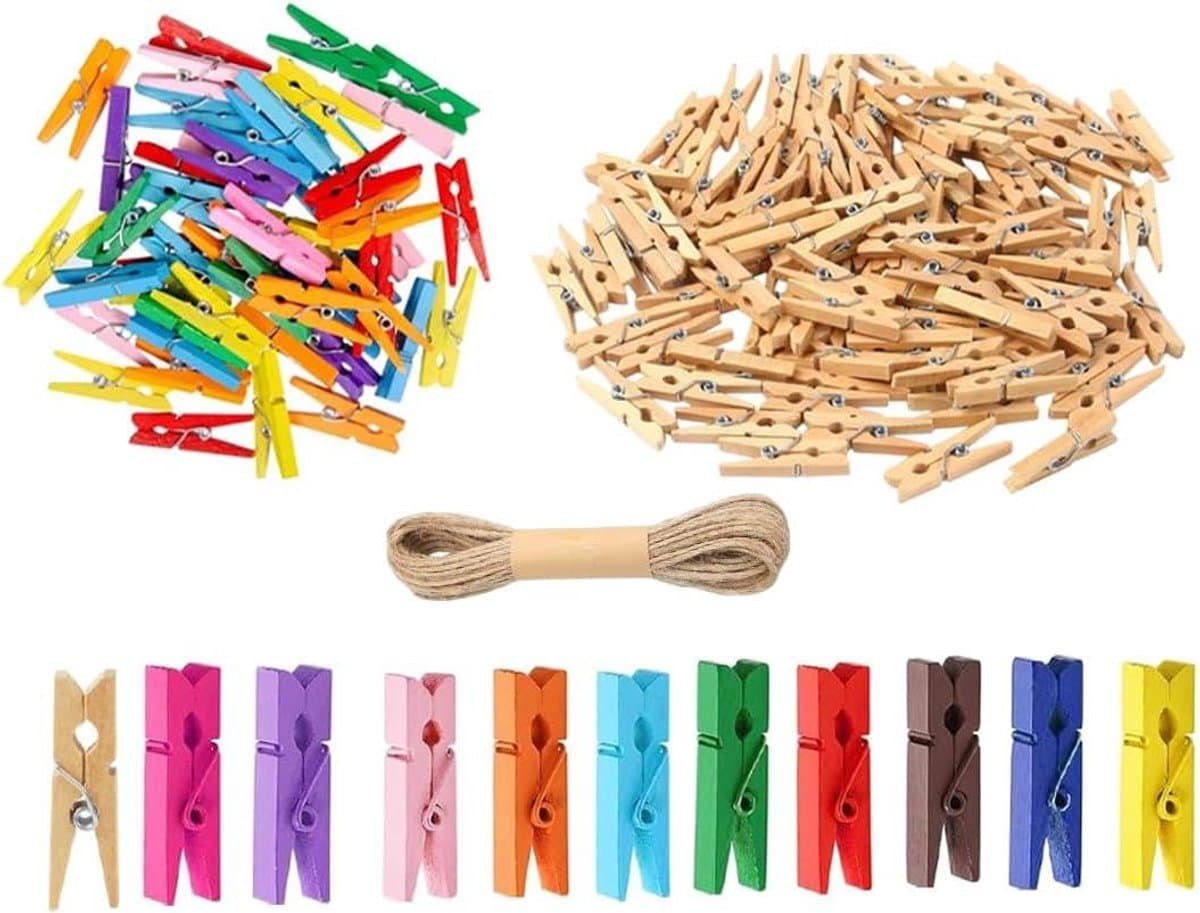 Houten Wasknijpers - Mini Clips - Decoratie Maken - Inclusief Touw Beugels - 100 Stuks - Meerkleurig — afbeelding 1